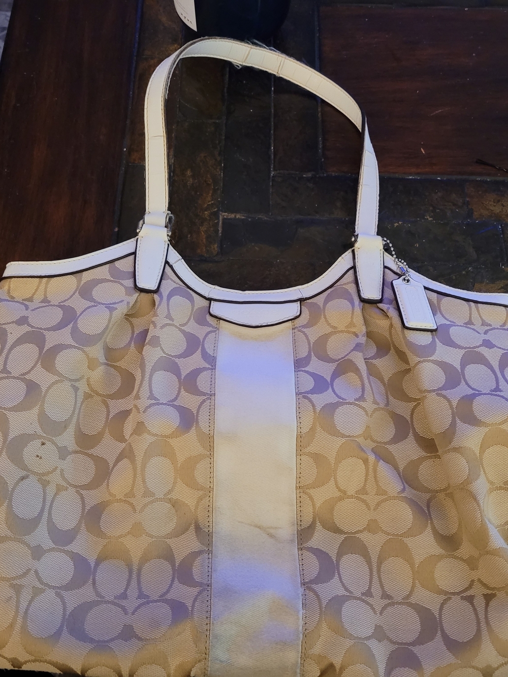 Coach Beige Signature Canvas Tote with White Trim